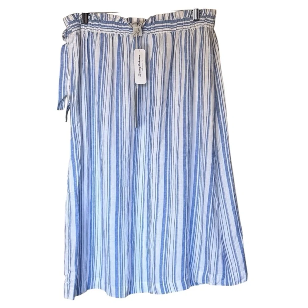 New Tommy Bahama Linen Blue and White Striped Maxi Skirt with Tie Waist - Picture 3 of 4